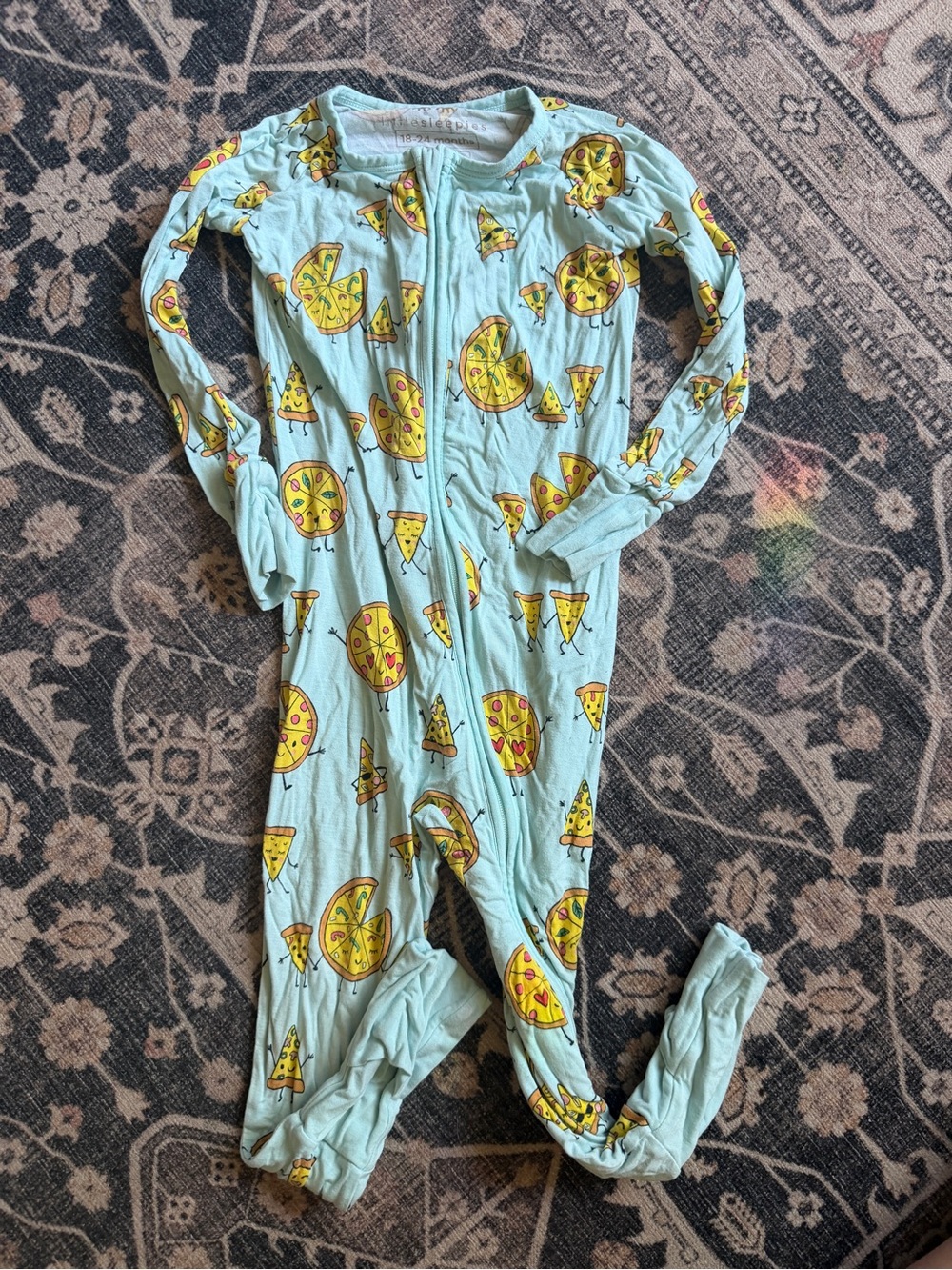 Little Sleepies Light Blue Pizza-Print Footie Pajamas